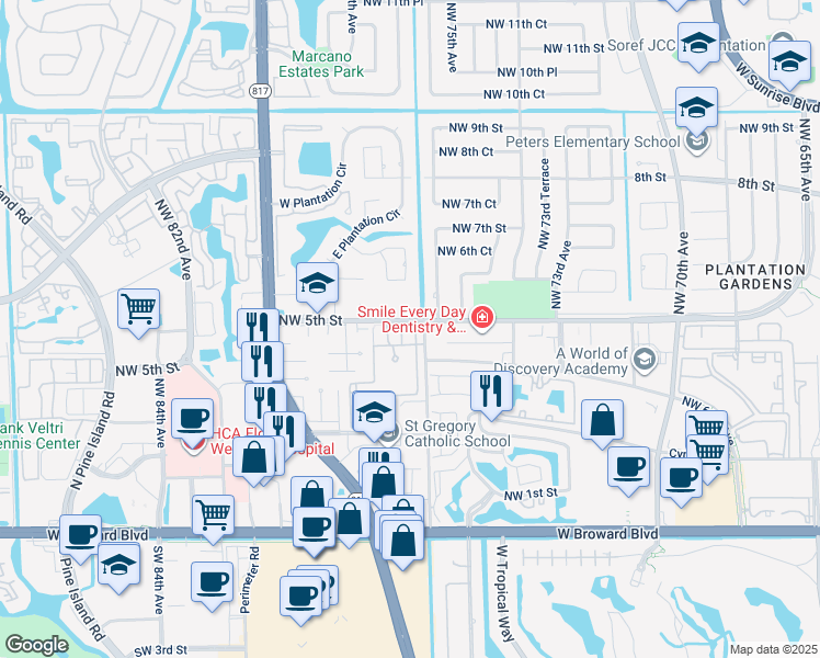 map of restaurants, bars, coffee shops, grocery stores, and more near 7600 Northwest 5th Street in Plantation