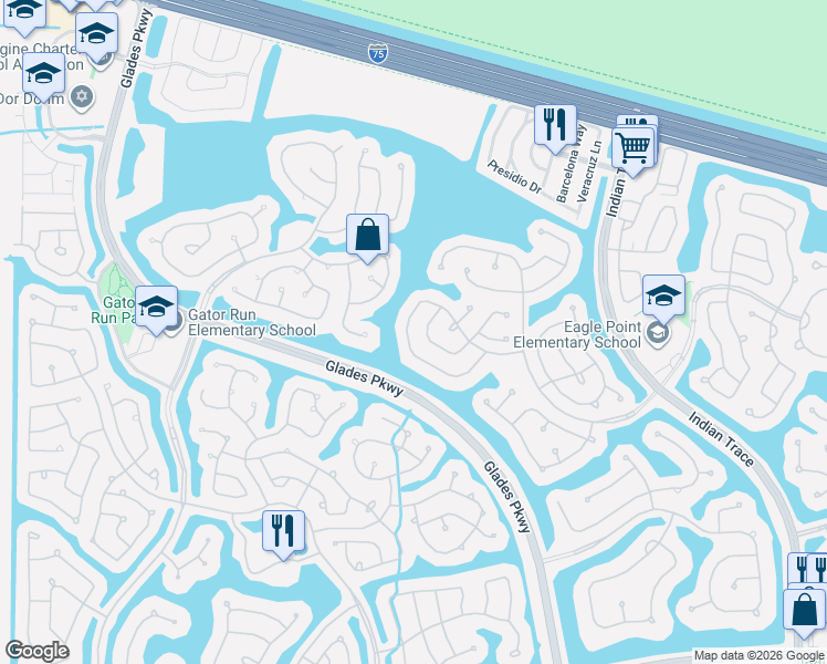 map of restaurants, bars, coffee shops, grocery stores, and more near 951 Savannah Falls Drive in Weston
