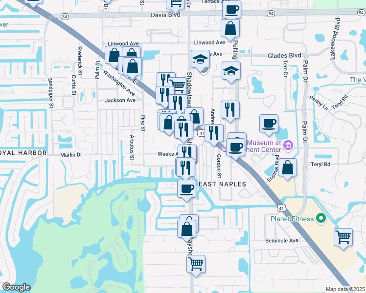 map of restaurants, bars, coffee shops, grocery stores, and more near 2896 Tamiami Trail East in Naples