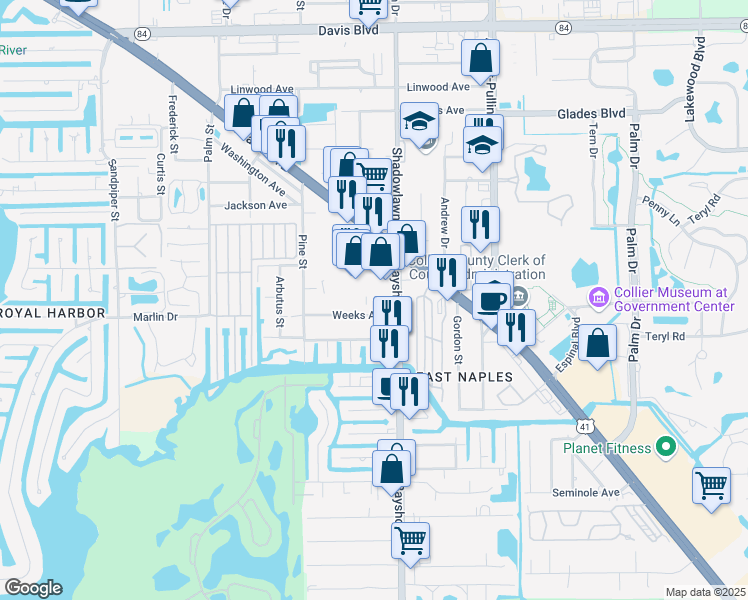 map of restaurants, bars, coffee shops, grocery stores, and more near 2896 Tamiami Trail East in Naples