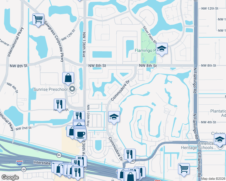 map of restaurants, bars, coffee shops, grocery stores, and more near 13425 Northwest 5th Place in Plantation