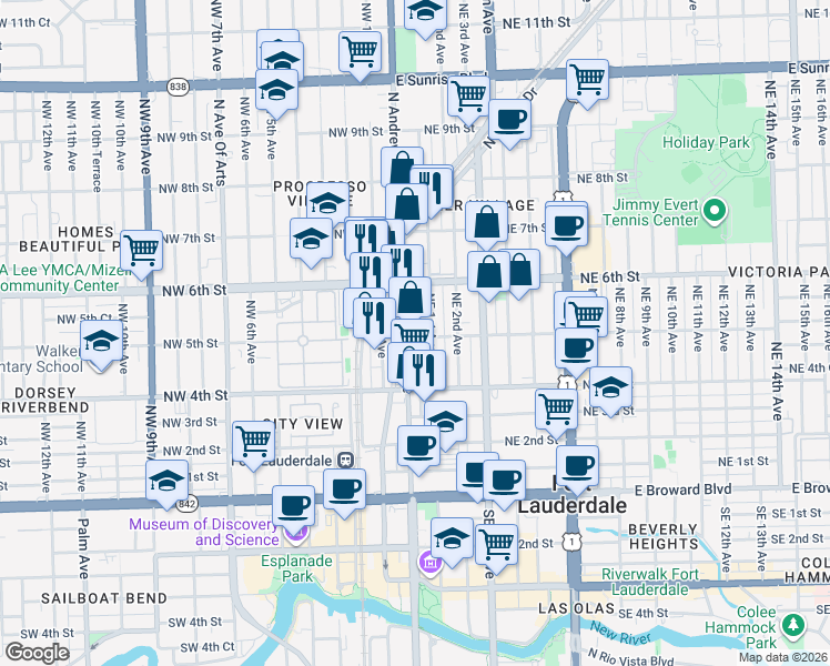 map of restaurants, bars, coffee shops, grocery stores, and more near 512 North Andrews Avenue in Fort Lauderdale