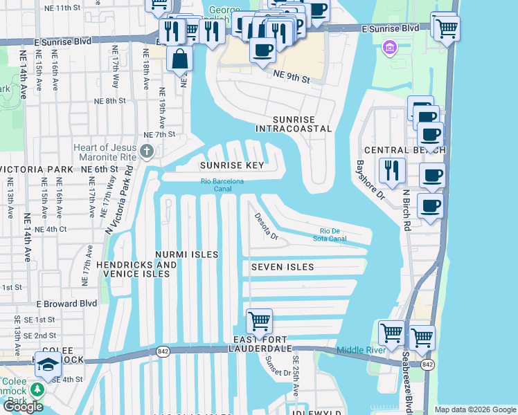 map of restaurants, bars, coffee shops, grocery stores, and more near 500 Desota Drive in Fort Lauderdale