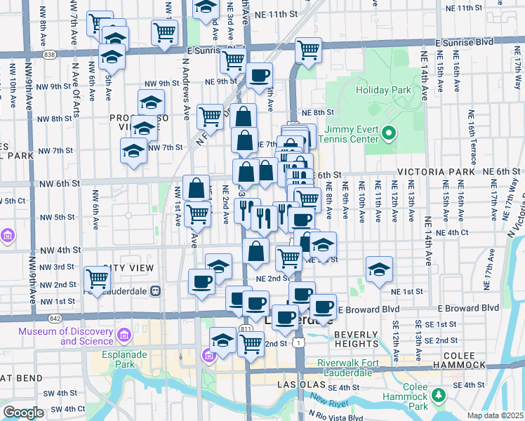 map of restaurants, bars, coffee shops, grocery stores, and more near 511 Northeast 5th Avenue in Fort Lauderdale