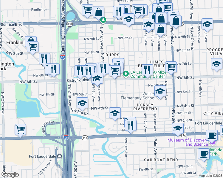 map of restaurants, bars, coffee shops, grocery stores, and more near 529 Northwest 15th Terrace in Fort Lauderdale