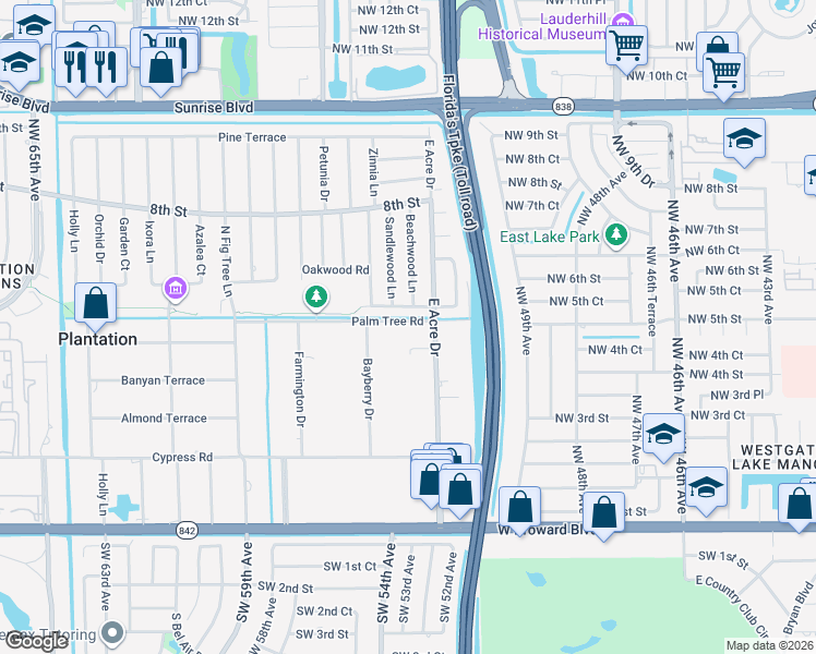 map of restaurants, bars, coffee shops, grocery stores, and more near 5356 Redwood Road in Plantation