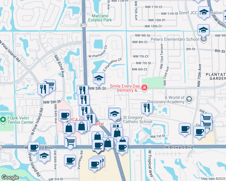 map of restaurants, bars, coffee shops, grocery stores, and more near 501 Northwest 78th Terrace in Plantation