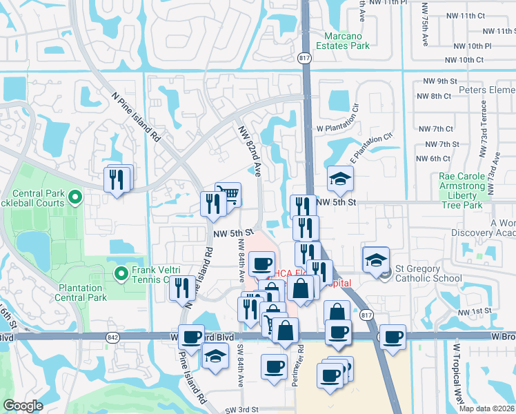 map of restaurants, bars, coffee shops, grocery stores, and more near 601 Northwest 82nd Avenue in Plantation