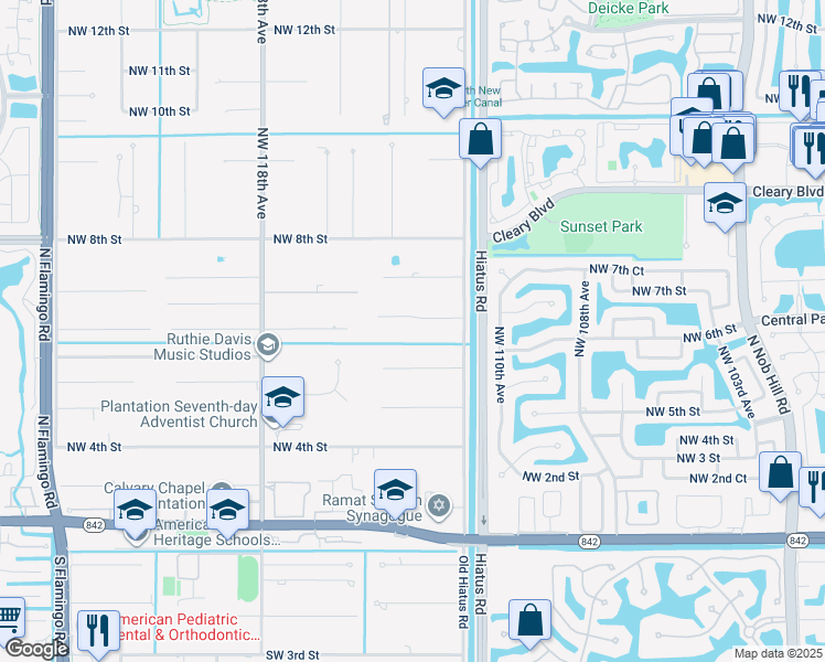 map of restaurants, bars, coffee shops, grocery stores, and more near 11260 Northwest 6th Street in Plantation