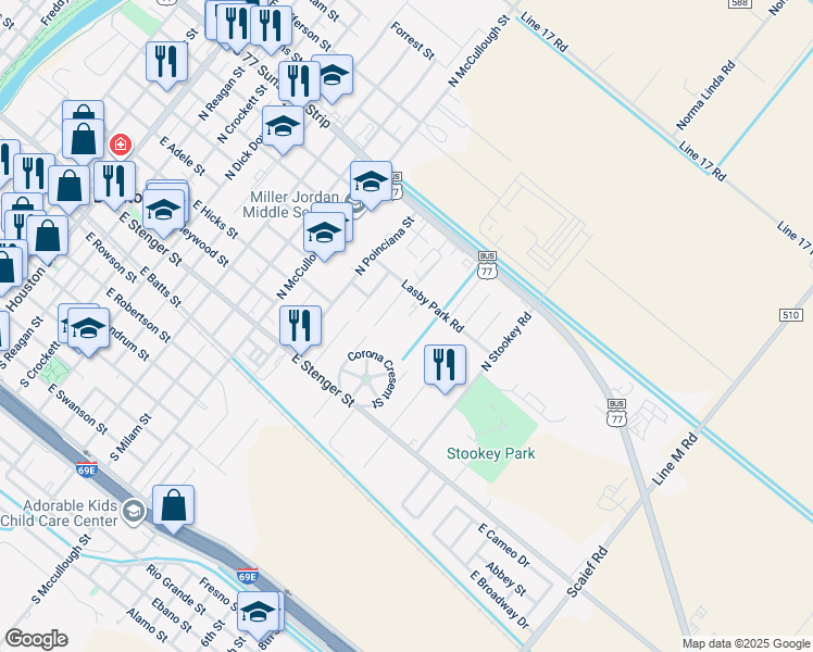 map of restaurants, bars, coffee shops, grocery stores, and more near 121 Wild Olive Circle in San Benito