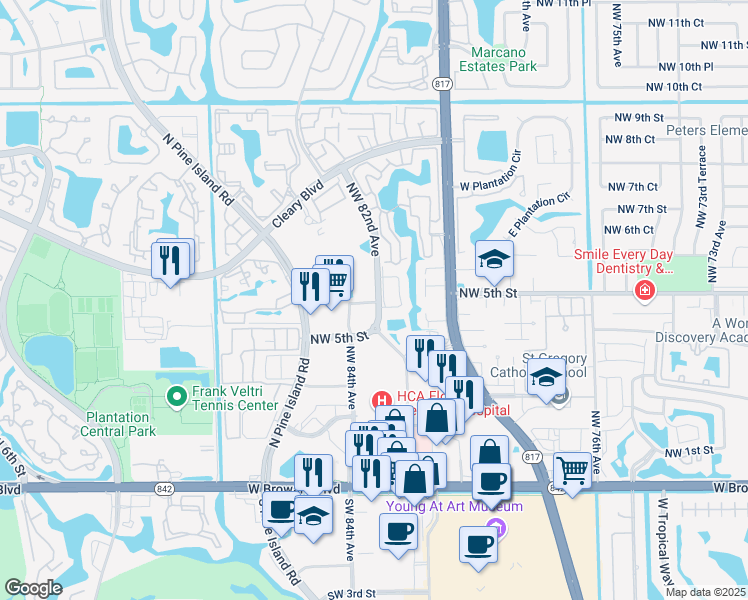 map of restaurants, bars, coffee shops, grocery stores, and more near 601 Northwest 82nd Avenue in Plantation