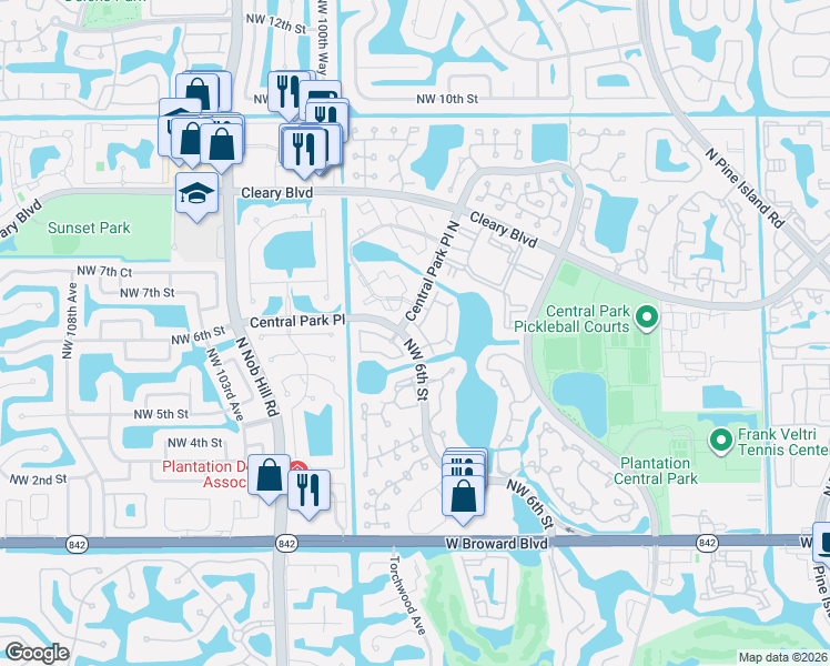 map of restaurants, bars, coffee shops, grocery stores, and more near 533 Northwest 98th Avenue in Plantation