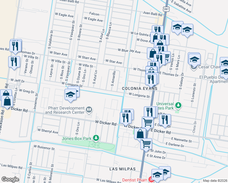 map of restaurants, bars, coffee shops, grocery stores, and more near 6902 South Colorado Lane in Pharr
