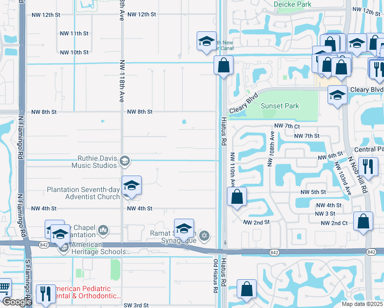 map of restaurants, bars, coffee shops, grocery stores, and more near 11260 Northwest 6th Street in Plantation