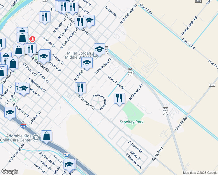 map of restaurants, bars, coffee shops, grocery stores, and more near 151 Wild Olive Circle in San Benito