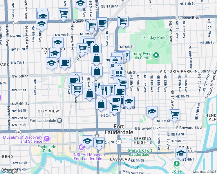map of restaurants, bars, coffee shops, grocery stores, and more near 501 Northeast 5th Avenue in Fort Lauderdale