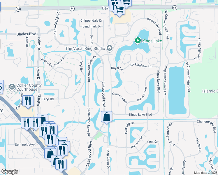 map of restaurants, bars, coffee shops, grocery stores, and more near 2249 Kings Lake Boulevard in Naples