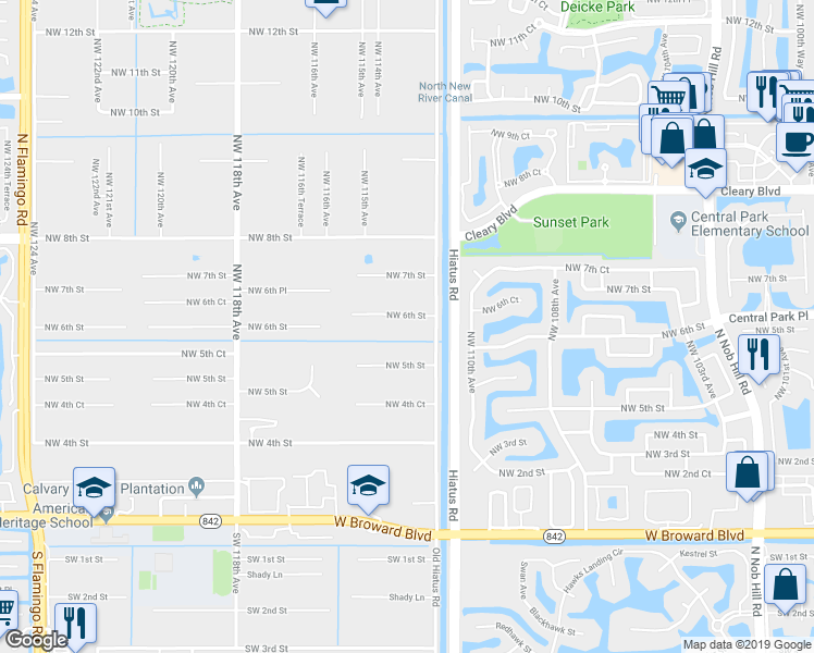 map of restaurants, bars, coffee shops, grocery stores, and more near 11260 Northwest 6th Street in Plantation