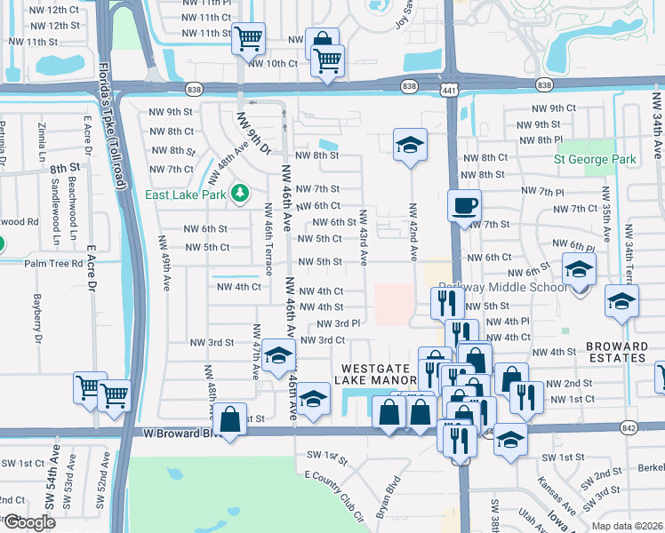 map of restaurants, bars, coffee shops, grocery stores, and more near 4401 Northwest 5th Street in Plantation