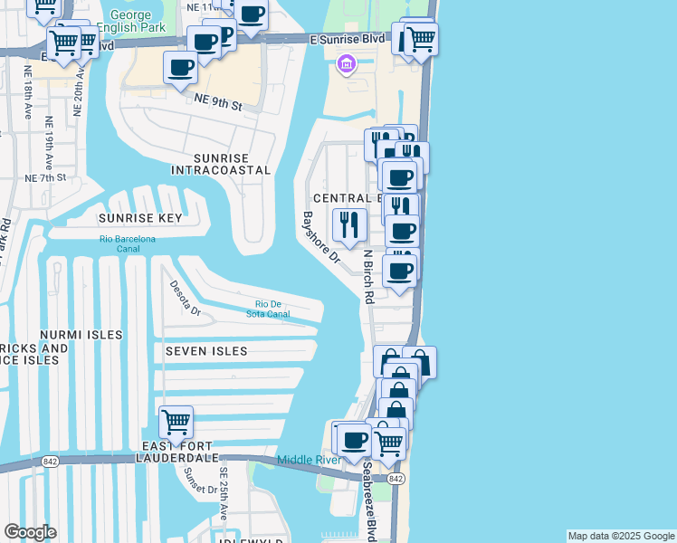 map of restaurants, bars, coffee shops, grocery stores, and more near 425 Bayshore Drive in Fort Lauderdale