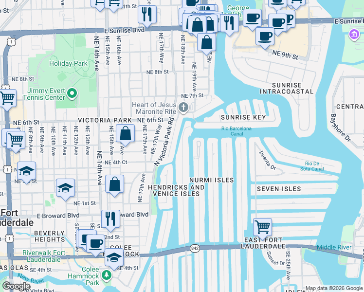 map of restaurants, bars, coffee shops, grocery stores, and more near 506 Victoria Terrace in Fort Lauderdale