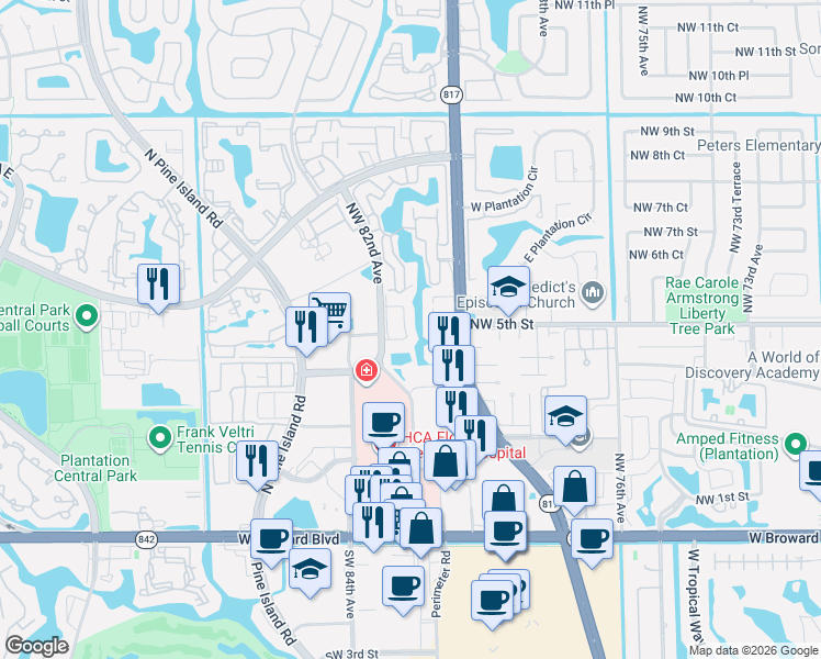map of restaurants, bars, coffee shops, grocery stores, and more near 540 Westtree Lane in Plantation