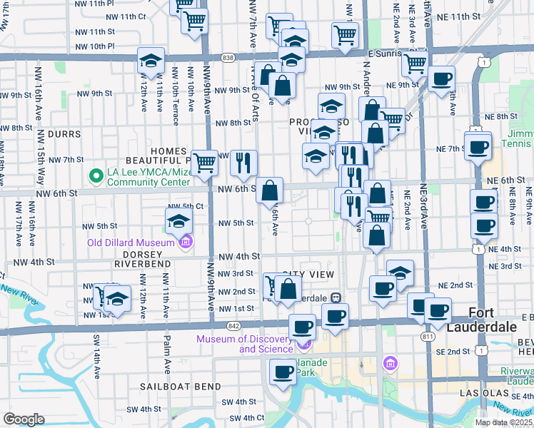 map of restaurants, bars, coffee shops, grocery stores, and more near 542 Northwest 6th Avenue in Fort Lauderdale