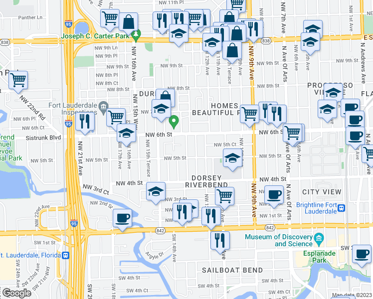 map of restaurants, bars, coffee shops, grocery stores, and more near 529 NW 14th Ave in Fort Lauderdale