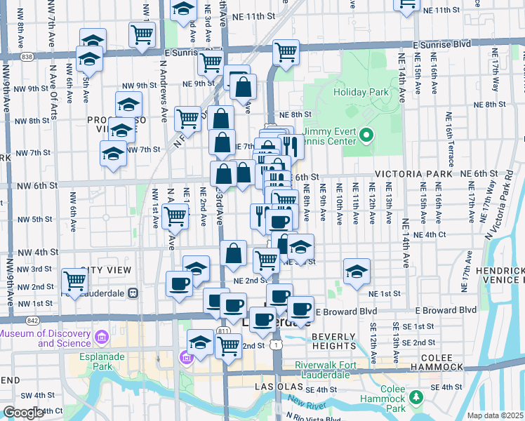 map of restaurants, bars, coffee shops, grocery stores, and more near 501 Northeast 5th Terrace in Fort Lauderdale
