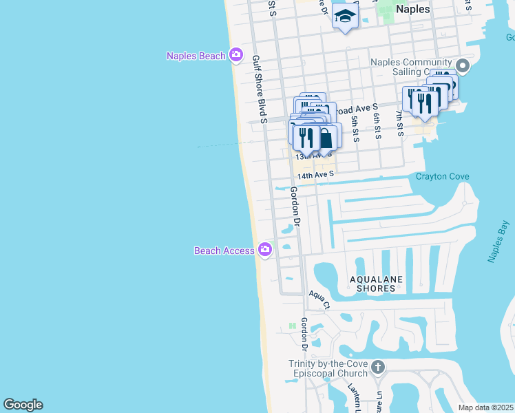 map of restaurants, bars, coffee shops, grocery stores, and more near 30 15th Avenue South in Naples