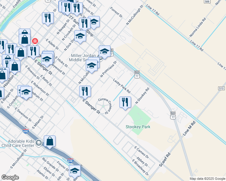 map of restaurants, bars, coffee shops, grocery stores, and more near 121 Wild Olive Circle in San Benito