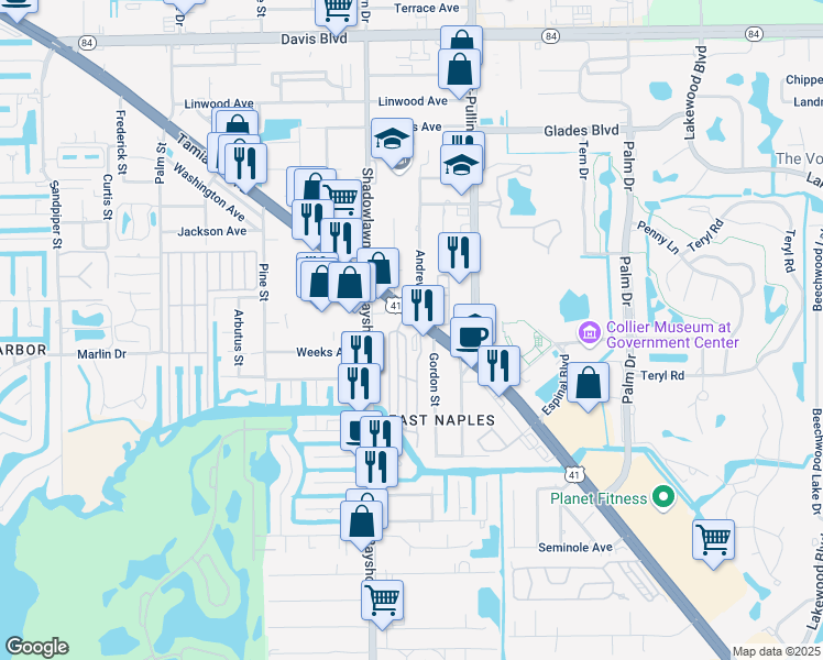 map of restaurants, bars, coffee shops, grocery stores, and more near 3010 Tamiami Trail East in Naples