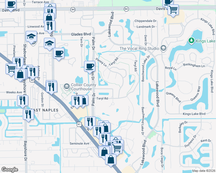 map of restaurants, bars, coffee shops, grocery stores, and more near 119 Harrison Road in Naples