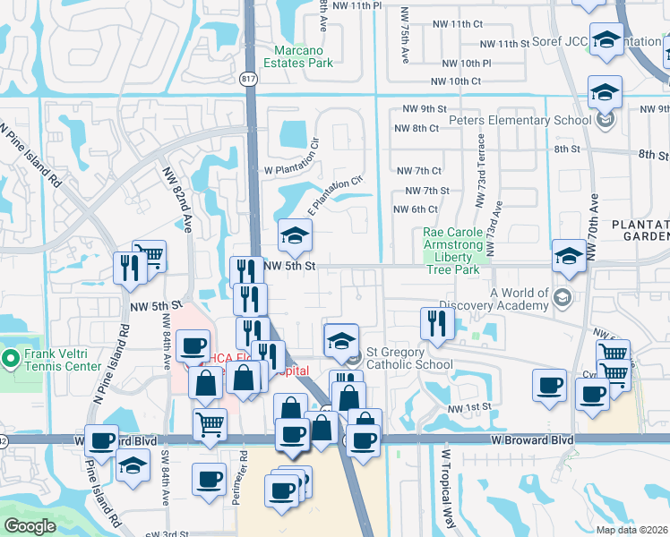 map of restaurants, bars, coffee shops, grocery stores, and more near 7740 Northwest 5th Street in Plantation