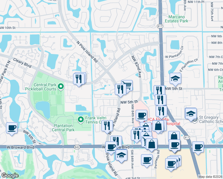 map of restaurants, bars, coffee shops, grocery stores, and more near 711 North Pine Island Road in Plantation