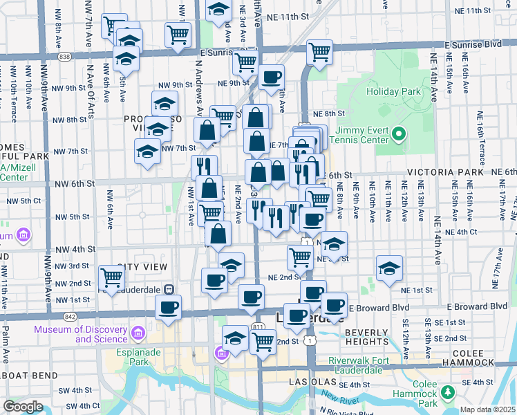 map of restaurants, bars, coffee shops, grocery stores, and more near 512 Northeast 3rd Avenue in Fort Lauderdale