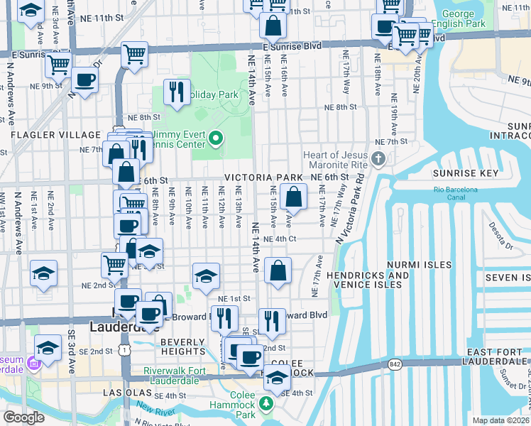 map of restaurants, bars, coffee shops, grocery stores, and more near 501 Northeast 15th Avenue in Fort Lauderdale