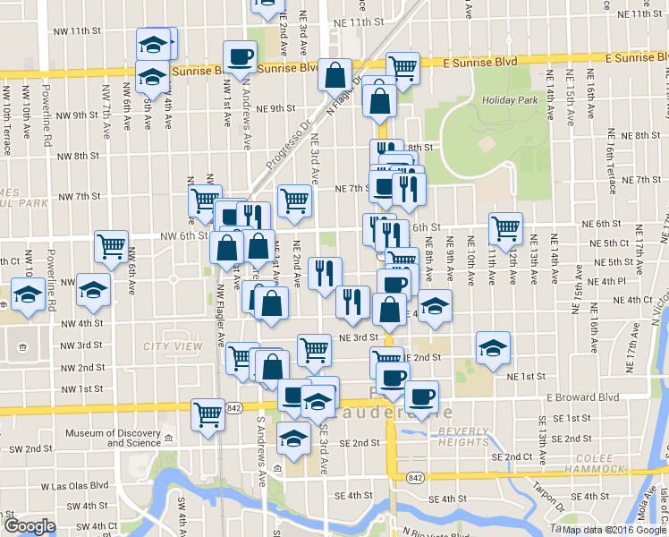 map of restaurants, bars, coffee shops, grocery stores, and more near 512 Northeast 3rd Avenue in Fort Lauderdale