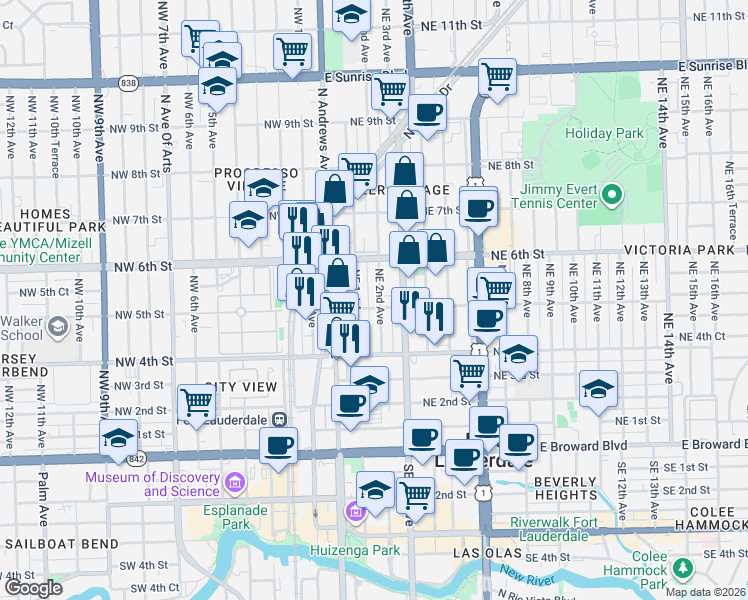 map of restaurants, bars, coffee shops, grocery stores, and more near 513 Northeast 2nd Avenue in Fort Lauderdale