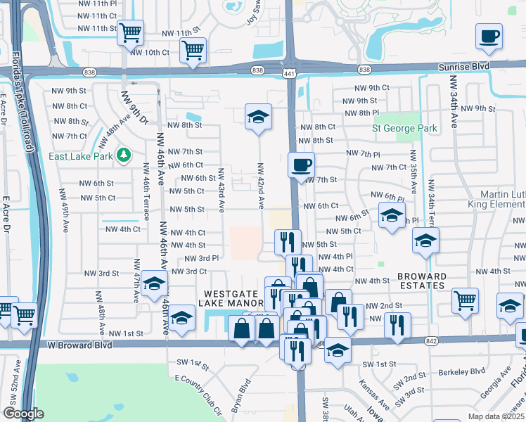 map of restaurants, bars, coffee shops, grocery stores, and more near 4121 Northwest 5th Street in Plantation