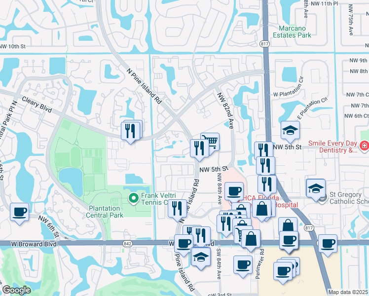 map of restaurants, bars, coffee shops, grocery stores, and more near 711 North Pine Island Road in Plantation