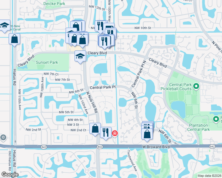 map of restaurants, bars, coffee shops, grocery stores, and more near 10013 Northwest 5th Street in Plantation