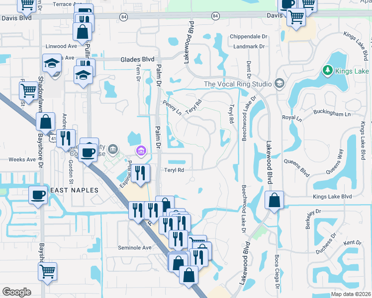map of restaurants, bars, coffee shops, grocery stores, and more near 256 Candycane Lane in Naples