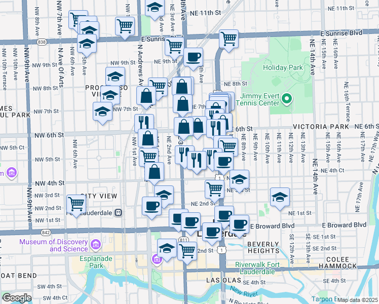 map of restaurants, bars, coffee shops, grocery stores, and more near 512 Northeast 3rd Avenue in Fort Lauderdale