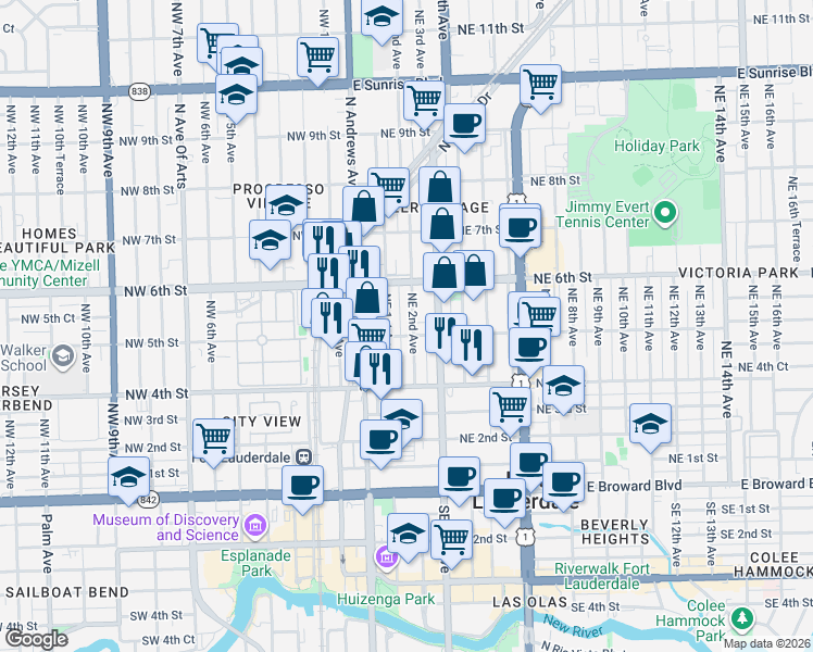 map of restaurants, bars, coffee shops, grocery stores, and more near 513 Northeast 2nd Avenue in Fort Lauderdale