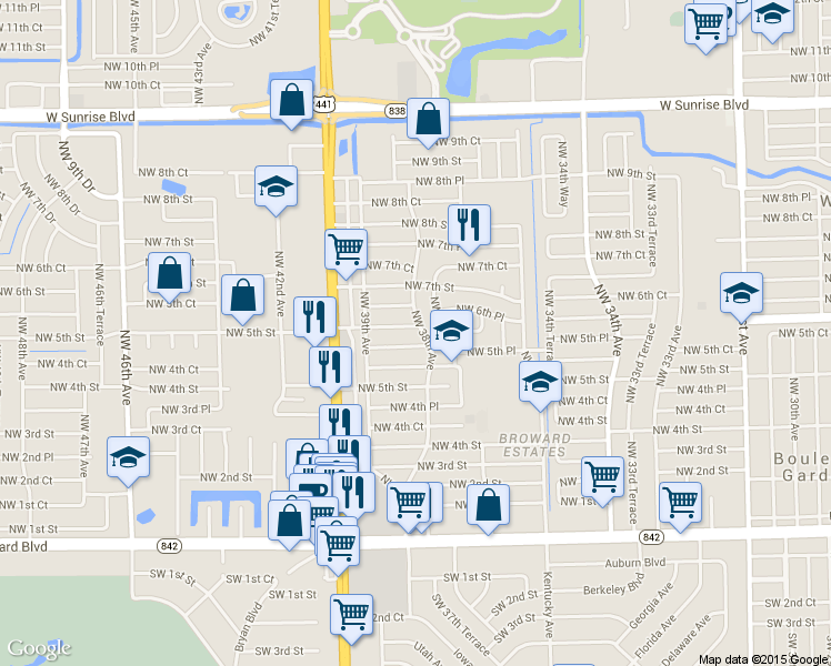 map of restaurants, bars, coffee shops, grocery stores, and more near 3800 Northwest 6th Court in Fort Lauderdale