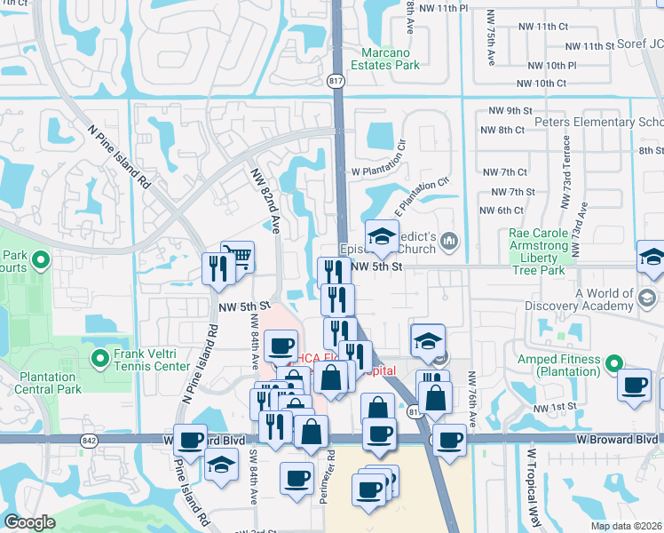 map of restaurants, bars, coffee shops, grocery stores, and more near 485 North University Drive in Plantation