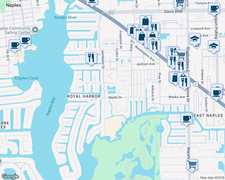 map of restaurants, bars, coffee shops, grocery stores, and more near 69 Georgetown Boulevard in Naples