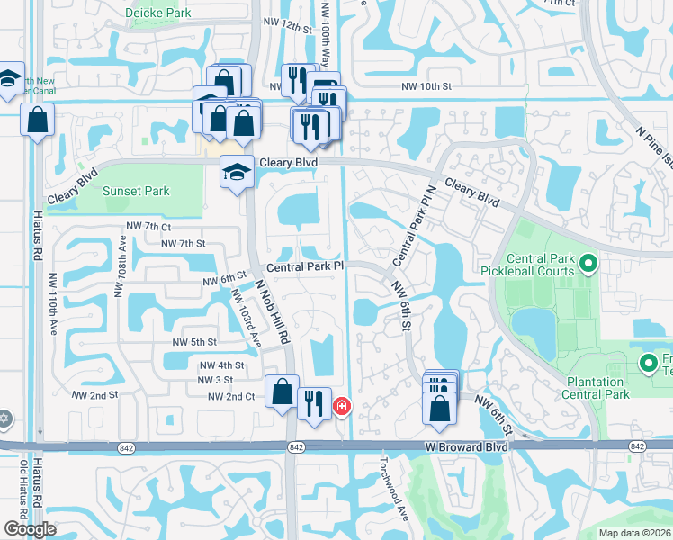 map of restaurants, bars, coffee shops, grocery stores, and more near 10013 Northwest 5th Street in Plantation
