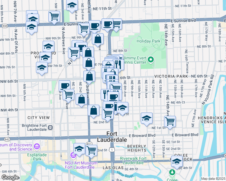 map of restaurants, bars, coffee shops, grocery stores, and more near 500 North Federal Highway in Fort Lauderdale